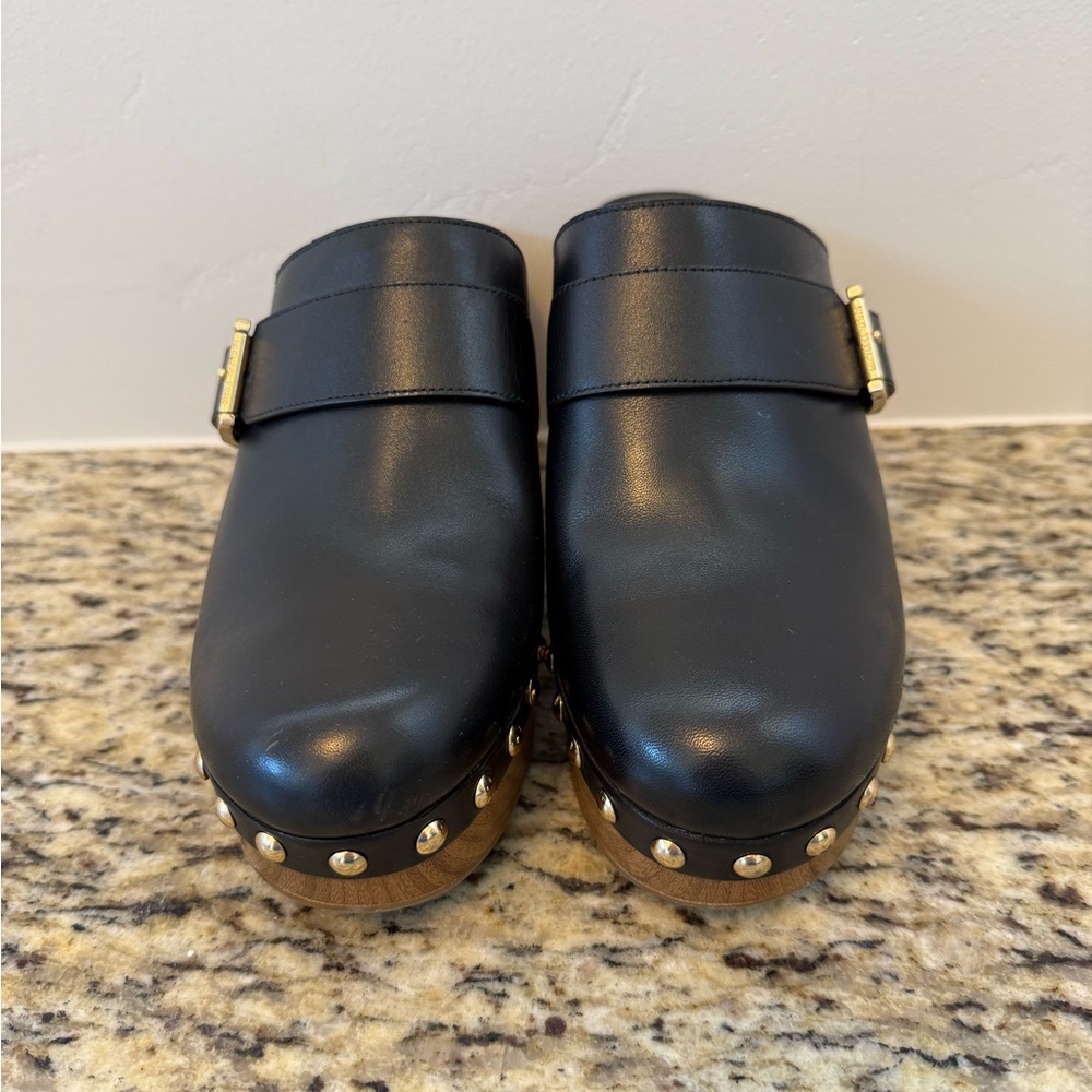 Michael Kors Black Leather Mules with Gold Accents